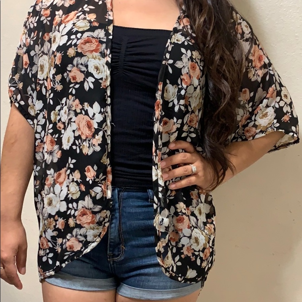 Sheer coral, black floral cover up